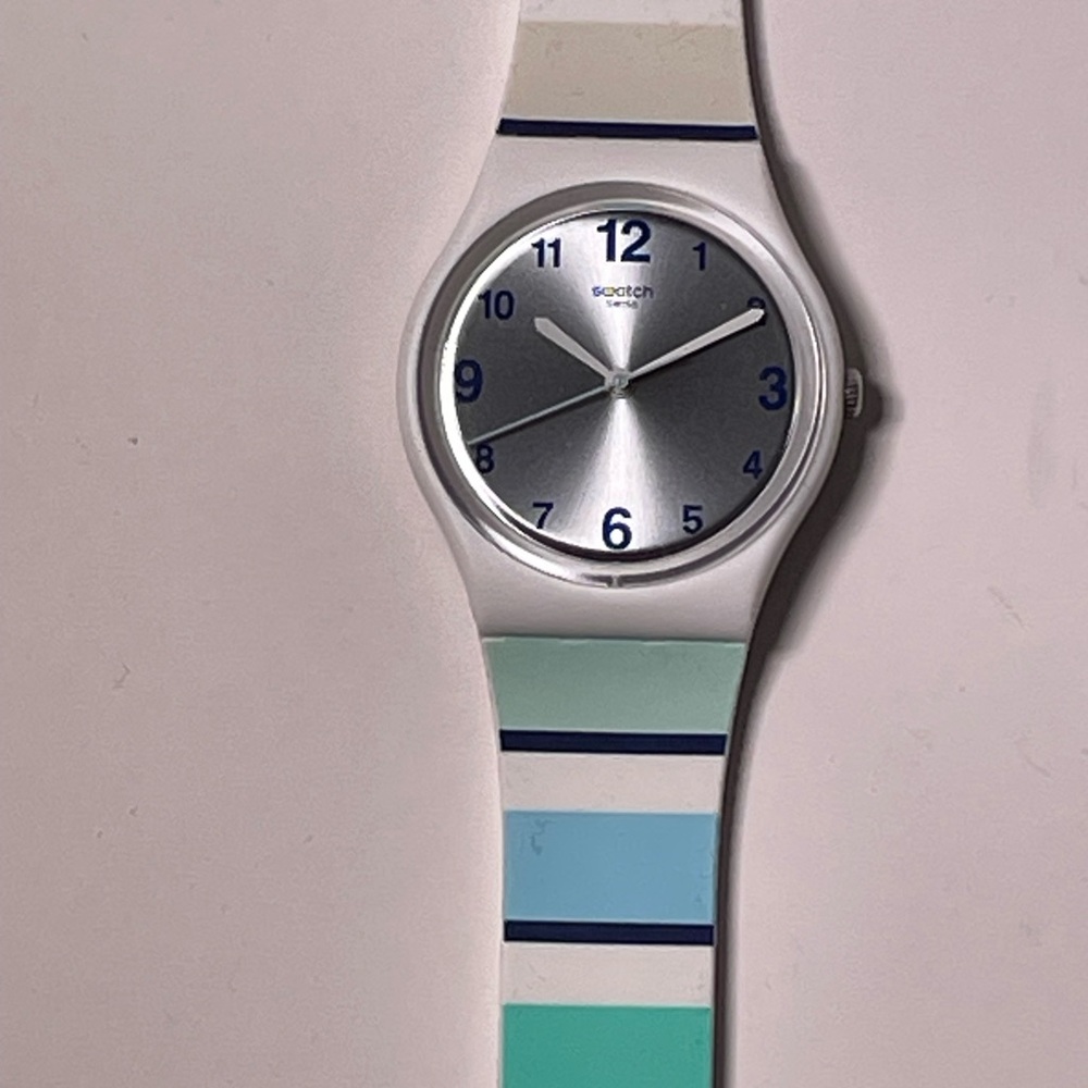 Swatch Watch GW 189 2018 Silver Dial with Blue and Green Striped Band
